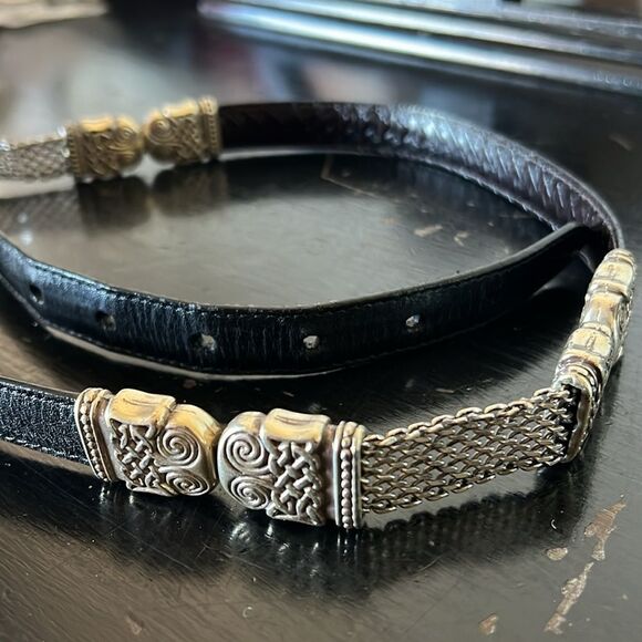 Vintage Women’s BRIGHTON Silver Black Leather & Chain BELT Size Small 28 EUC